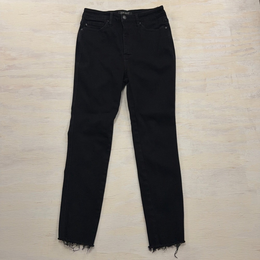 Judy Blue Jeans Skinny Fit High Rise Raw Hem Black Denim Womens Size 9/29